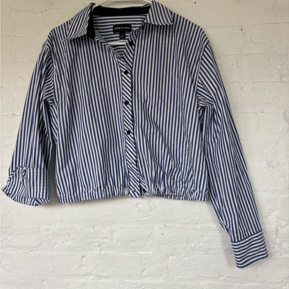 Kenneth Cole Navy & White Striped Cropped Button-Down Shirt